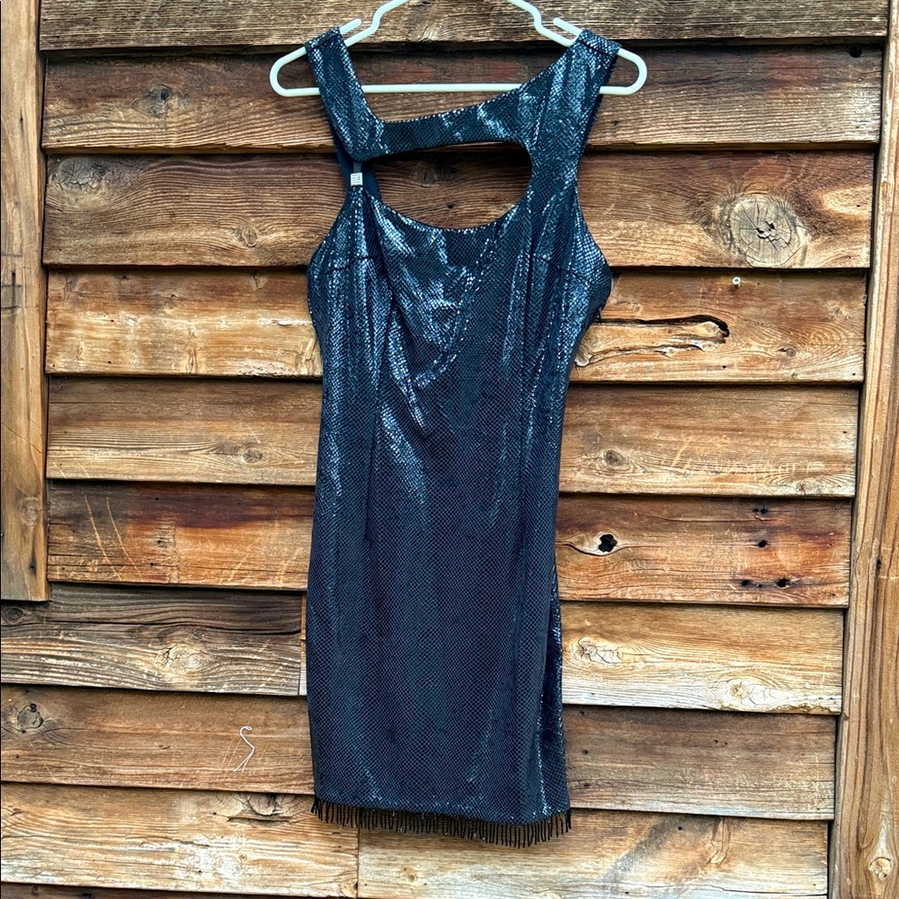 JANINE party vintage Elegant Black Sleeveless Dress asymmetrical mini beaded - Picture 4 of 13